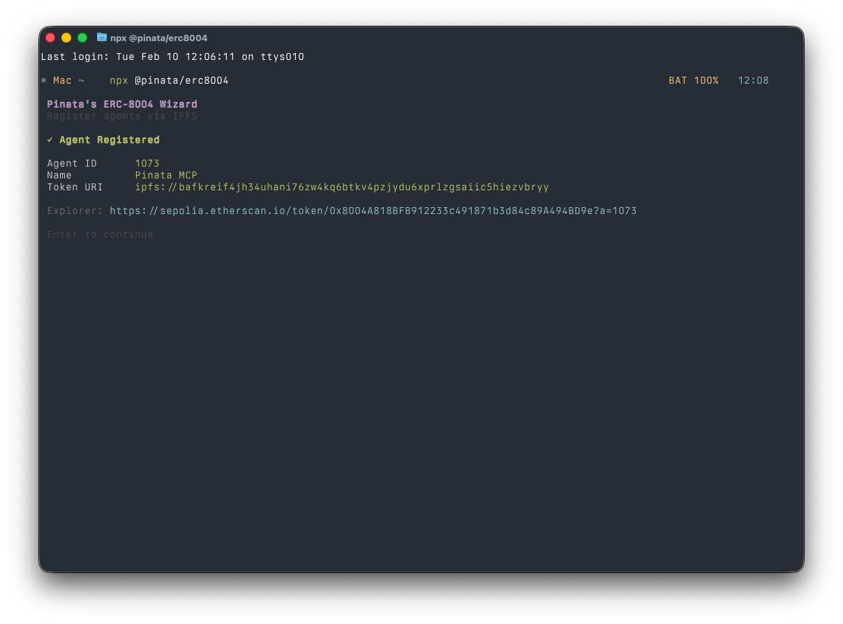 Screenshot — terminal output showing successful registration: transaction hash, IPFS upload confirmation, and the returned agent ID.