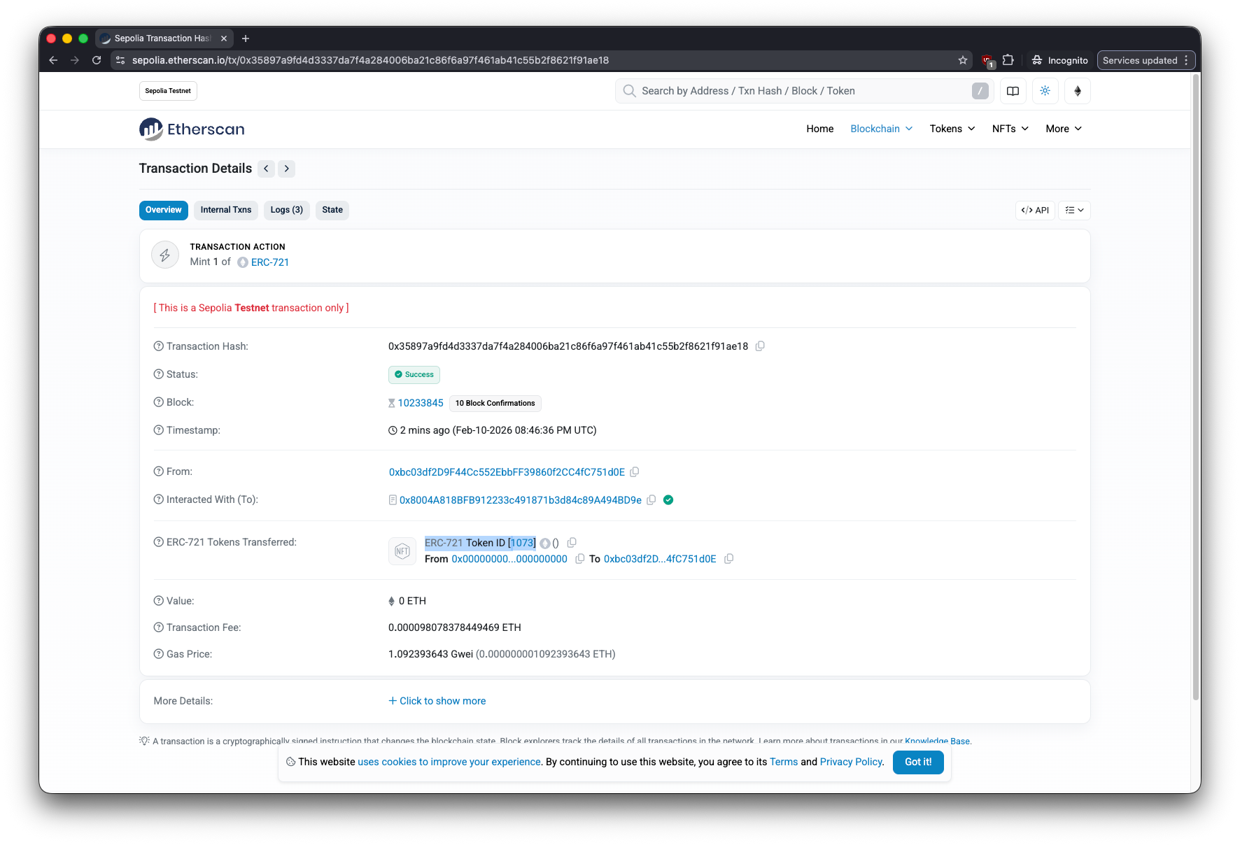 Screenshot — Block explorer showing the registration transaction with the agentURI field visible.